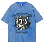Unisex Vintage Cat Graffiti Printed Washed Tee