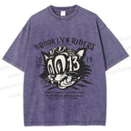 Unisex Vintage Cat Graffiti Printed Washed Tee