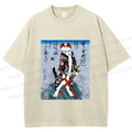 Unisex Japanese Art Cat Samurai Printed Washed Tee