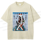 Unisex Japanese Art Cat Samurai Printed Washed Tee