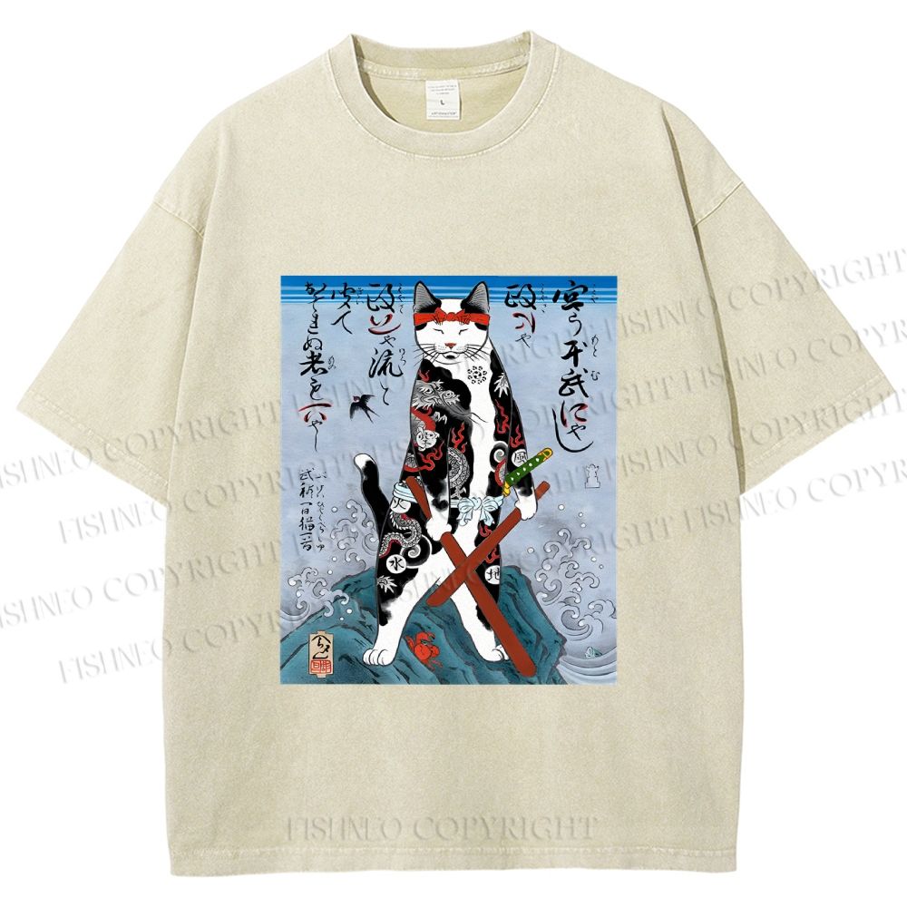 Unisex Japanese Art Cat Samurai Printed Washed Tee