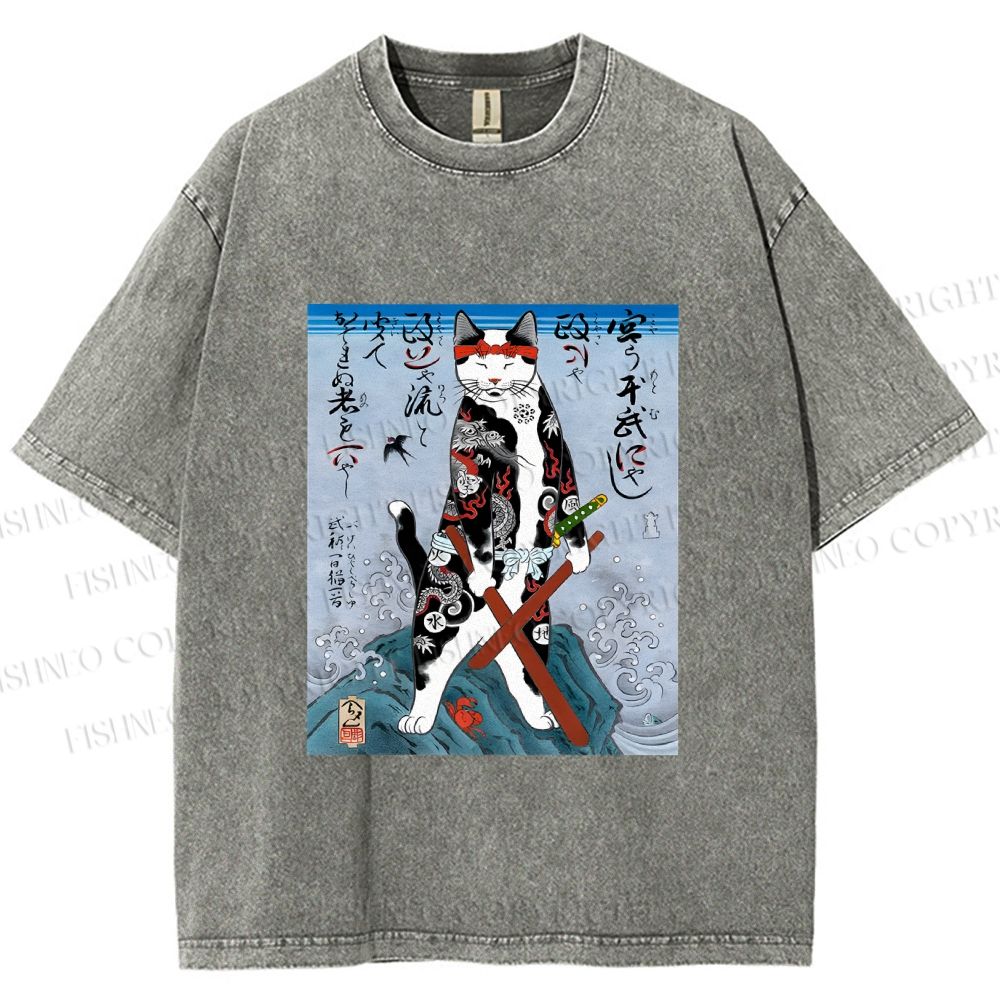Unisex Japanese Art Cat Samurai Printed Washed Tee