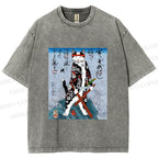 Unisex Japanese Art Cat Samurai Printed Washed Tee
