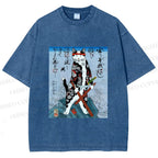 Unisex Japanese Art Cat Samurai Printed Washed Tee