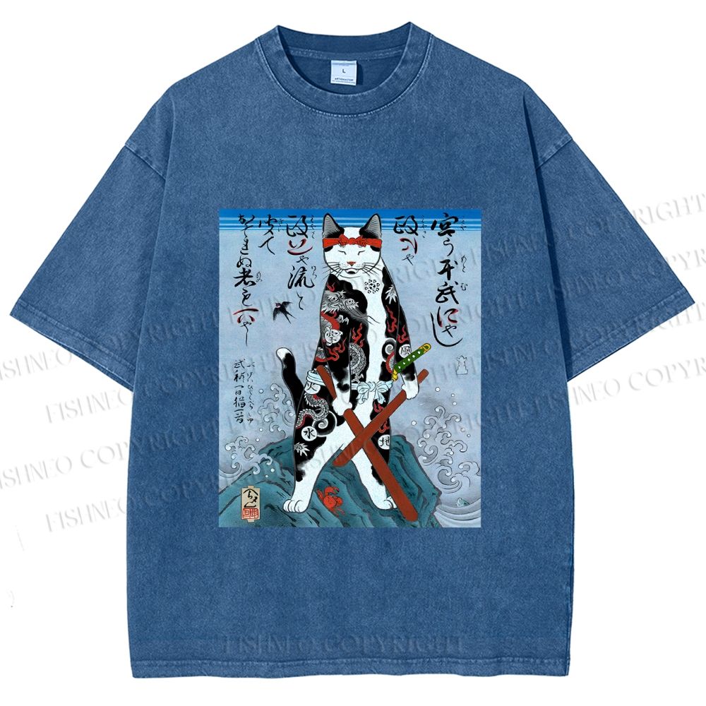 Unisex Japanese Art Cat Samurai Printed Washed Tee