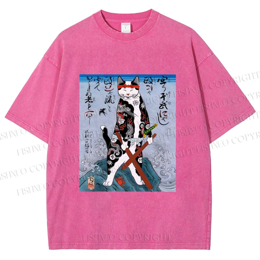Unisex Japanese Art Cat Samurai Printed Washed Tee