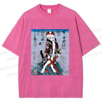 Unisex Japanese Art Cat Samurai Printed Washed Tee