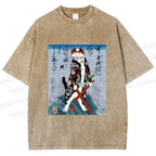 Unisex Japanese Art Cat Samurai Printed Washed Tee