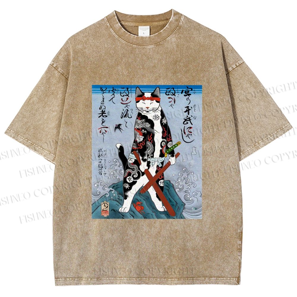 Unisex Japanese Art Cat Samurai Printed Washed Tee