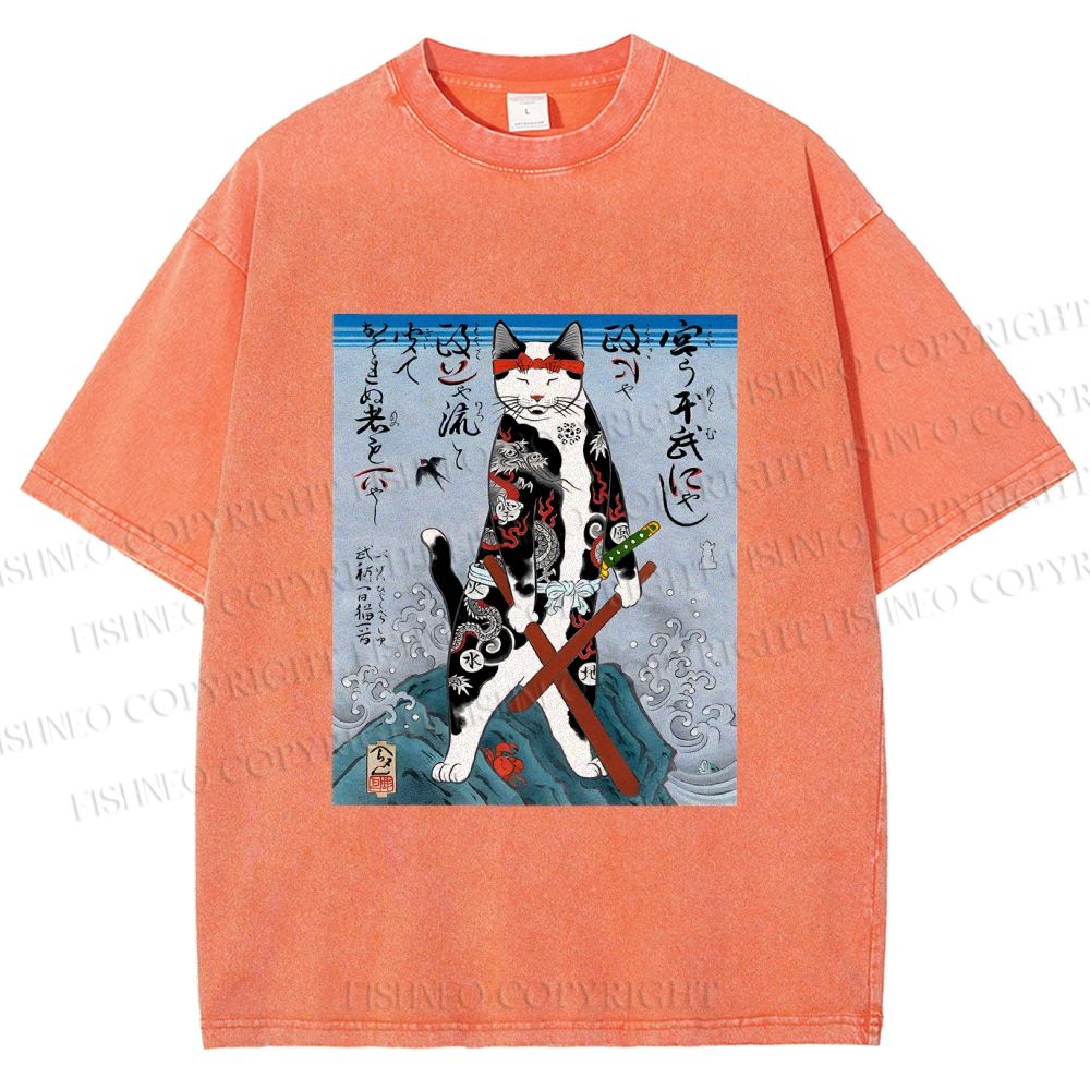 Unisex Japanese Art Cat Samurai Printed Washed Tee
