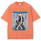 Unisex Japanese Art Cat Samurai Printed Washed Tee