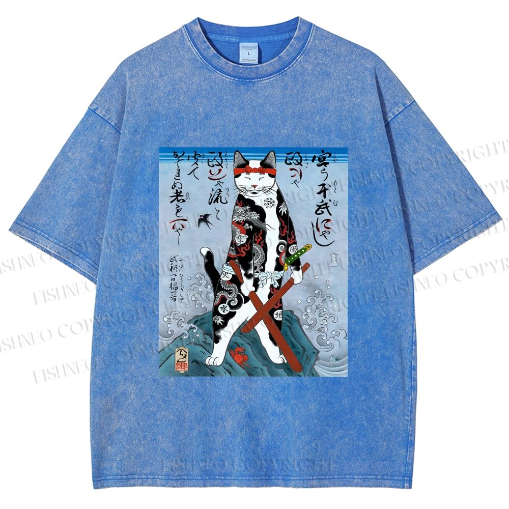 Unisex Japanese Art Cat Samurai Printed Washed Tee