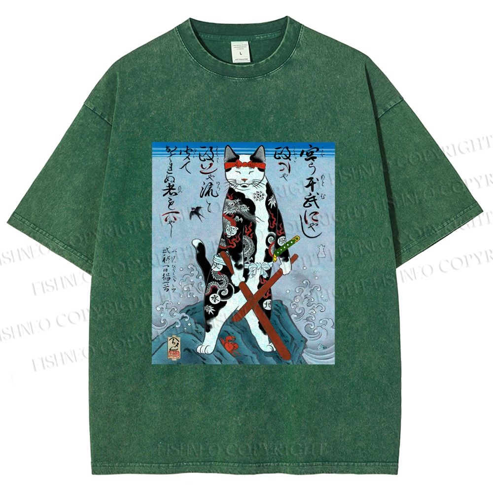 Unisex Japanese Art Cat Samurai Printed Washed Tee