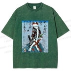 Unisex Japanese Art Cat Samurai Printed Washed Tee