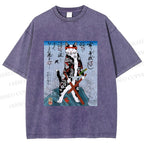 Unisex Japanese Art Cat Samurai Printed Washed Tee