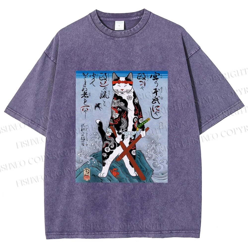Unisex Japanese Art Cat Samurai Printed Washed Tee