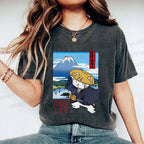 Unisex Japanese Cat Samurai Printed Washed Tee