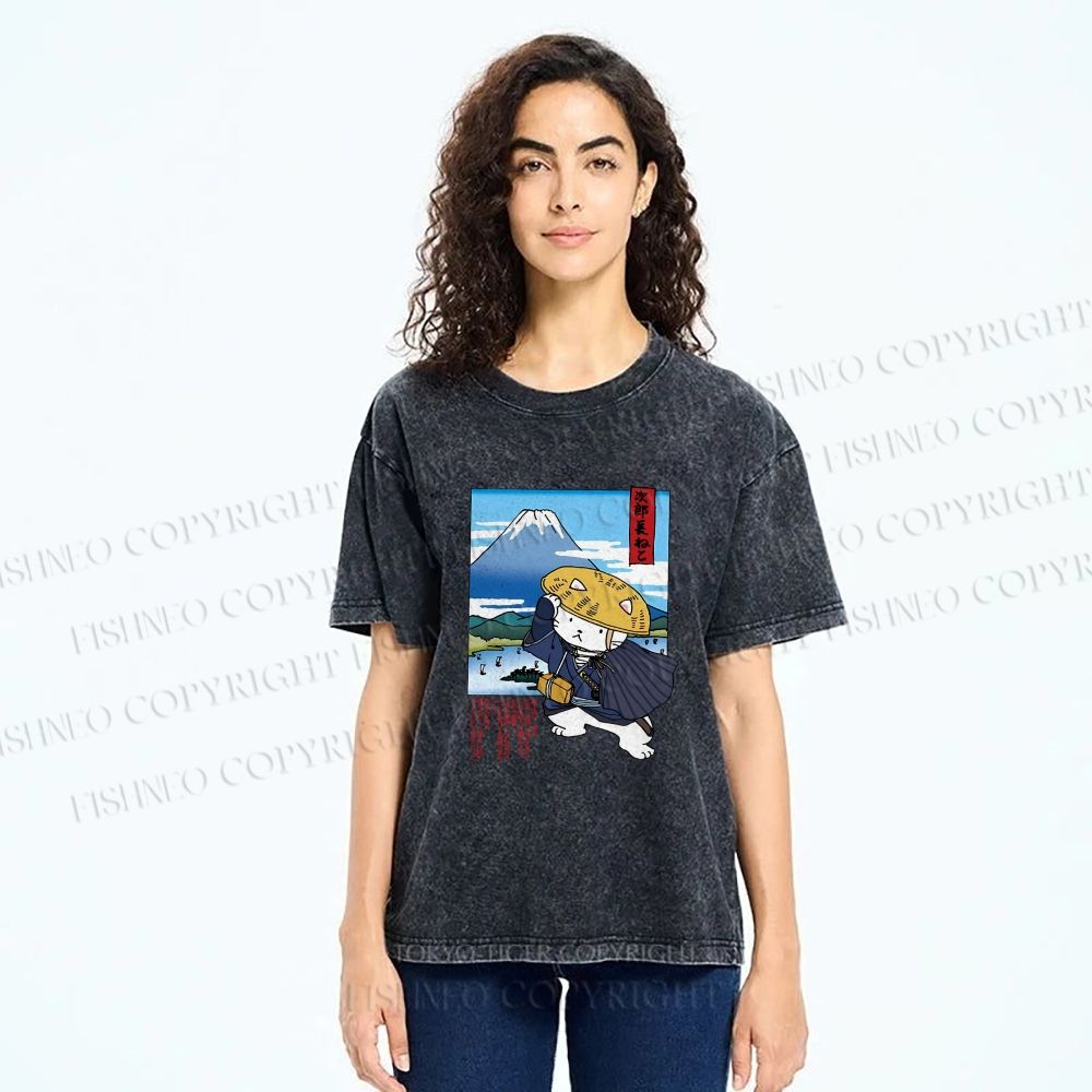 Unisex Japanese Cat Samurai Printed Washed Tee