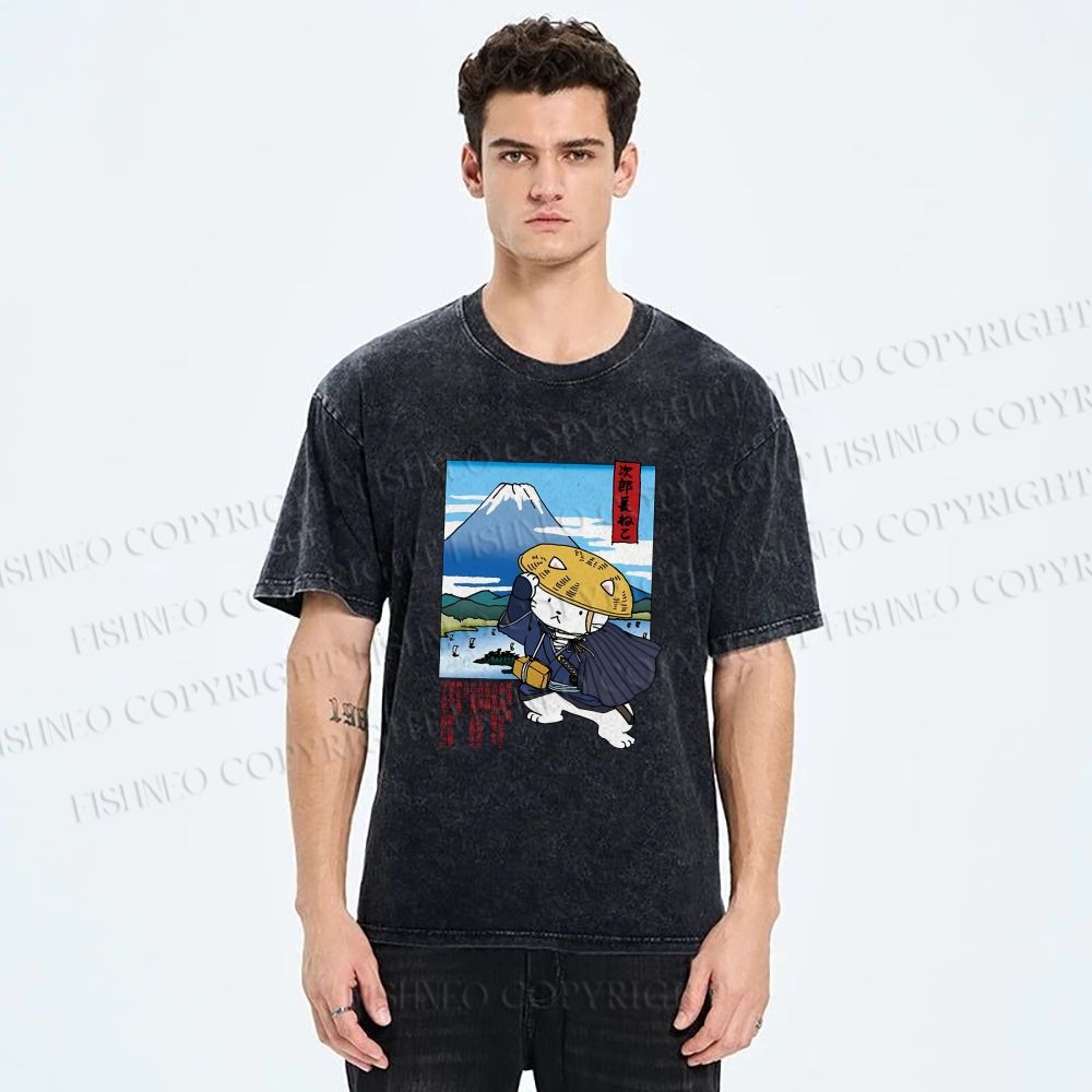 Unisex Japanese Cat Samurai Printed Washed Tee