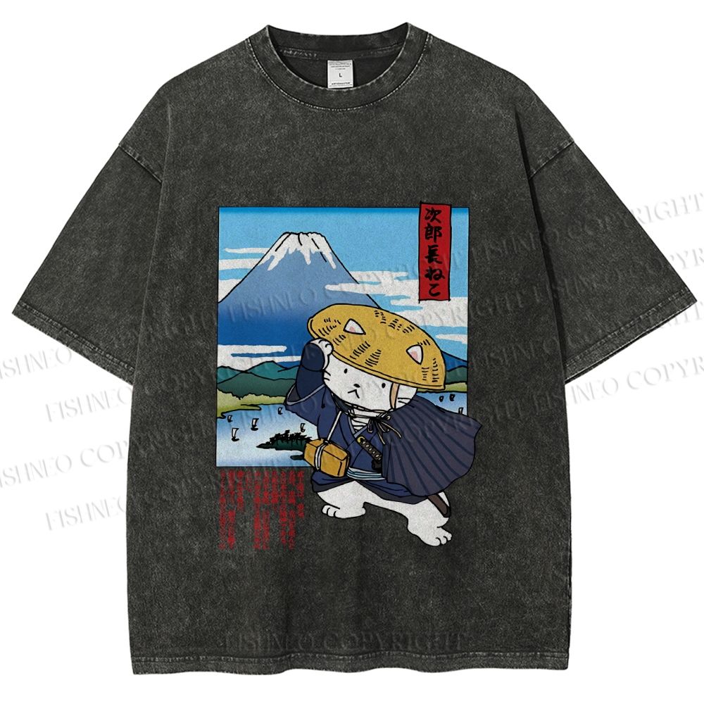 Unisex Japanese Cat Samurai Printed Washed Tee