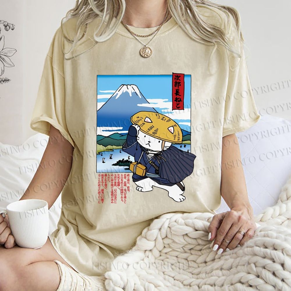 Unisex Japanese Cat Samurai Printed Washed Tee