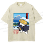 Unisex Japanese Cat Samurai Printed Washed Tee