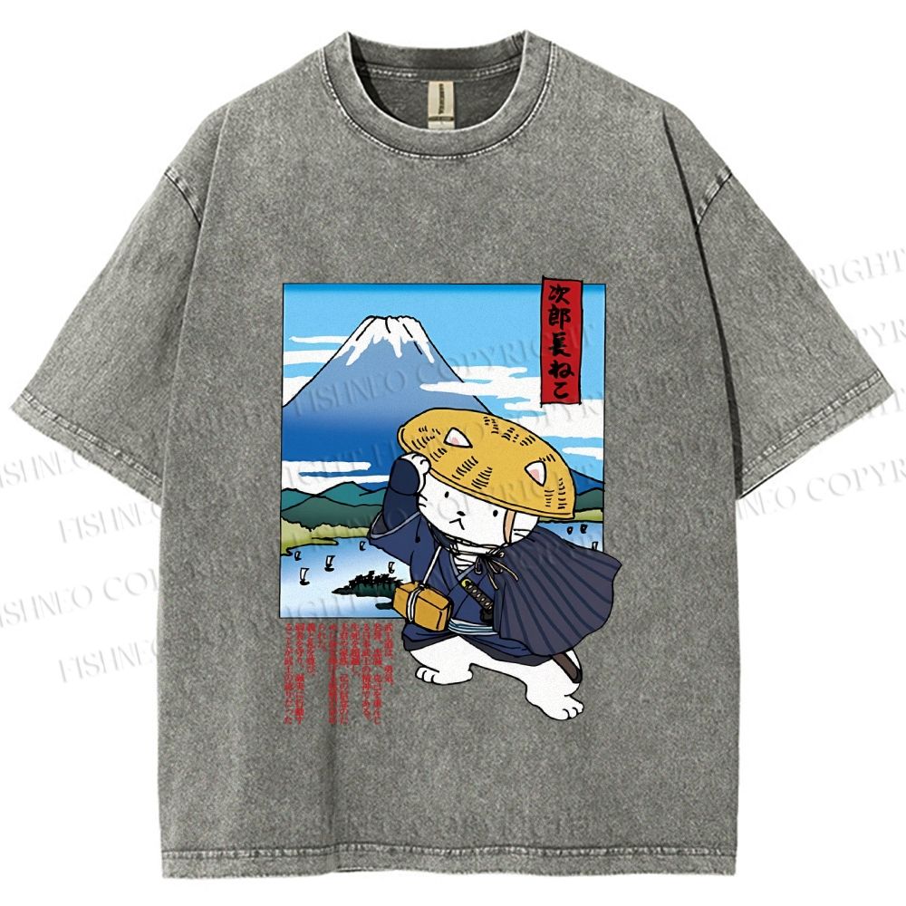 Unisex Japanese Cat Samurai Printed Washed Tee
