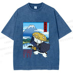 Unisex Japanese Cat Samurai Printed Washed Tee