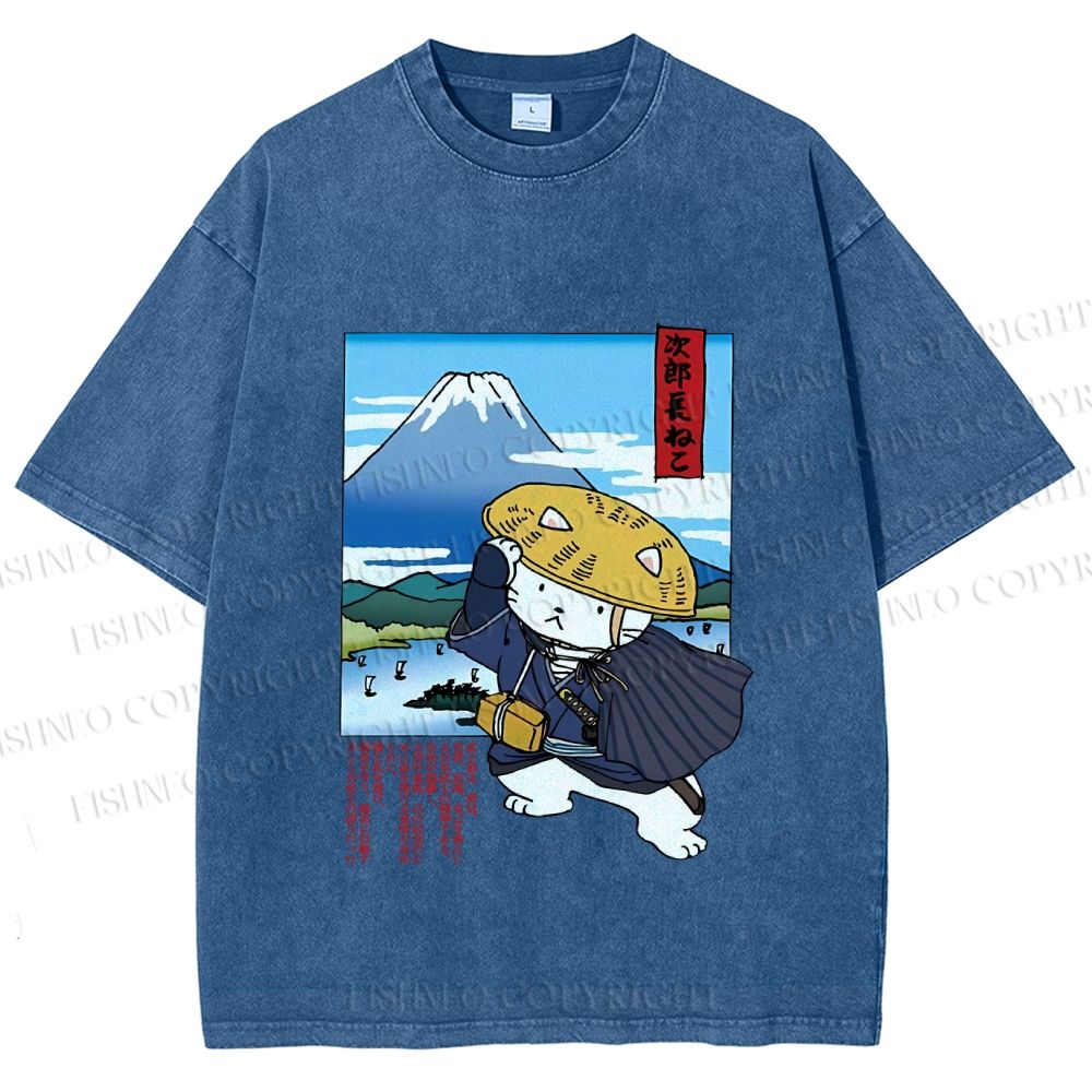 Unisex Japanese Cat Samurai Printed Washed Tee