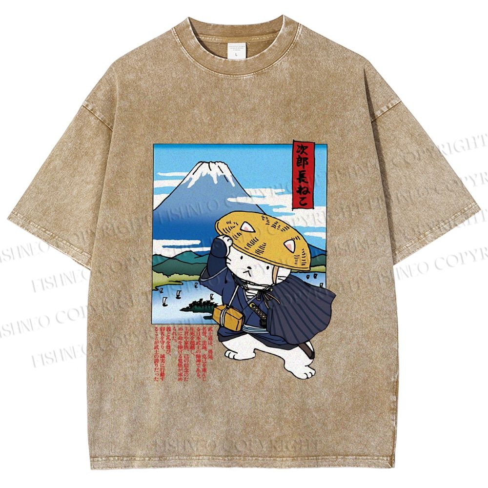 Unisex Japanese Cat Samurai Printed Washed Tee