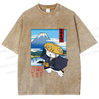 Unisex Japanese Cat Samurai Printed Washed Tee