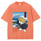 Unisex Japanese Cat Samurai Printed Washed Tee