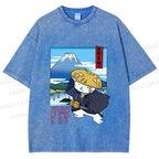 Unisex Japanese Cat Samurai Printed Washed Tee