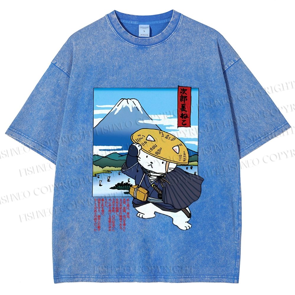 Unisex Japanese Cat Samurai Printed Washed Tee