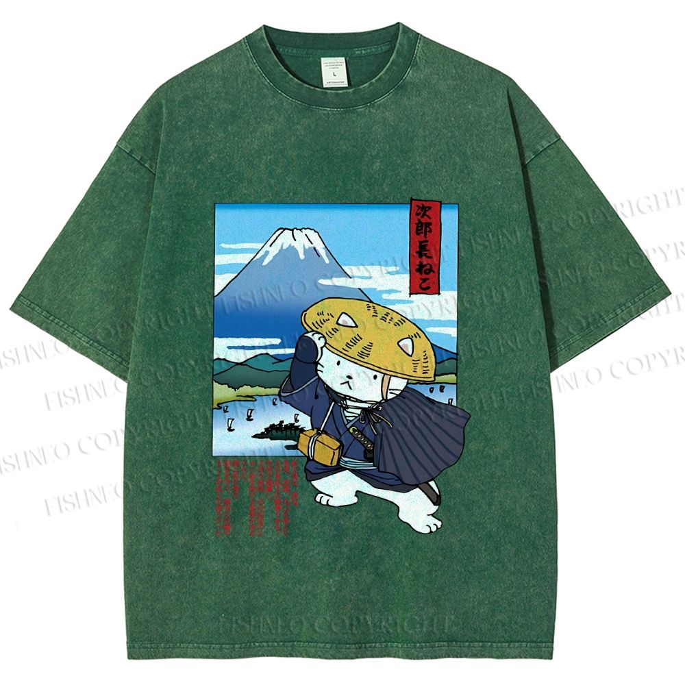 Unisex Japanese Cat Samurai Printed Washed Tee