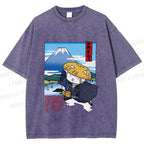 Unisex Japanese Cat Samurai Printed Washed Tee