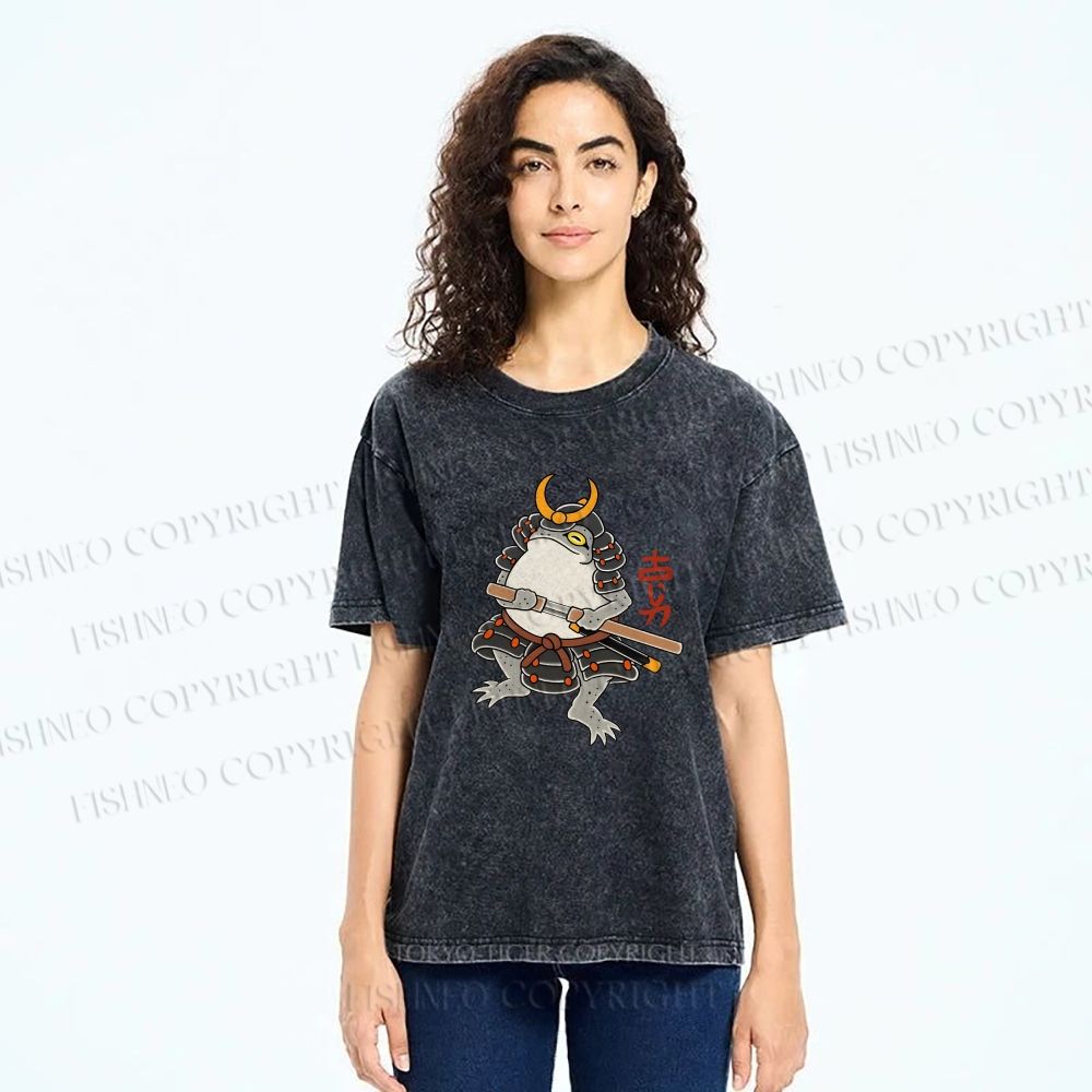 Unisex Japanese Frog Samurai Printed Washed Tee