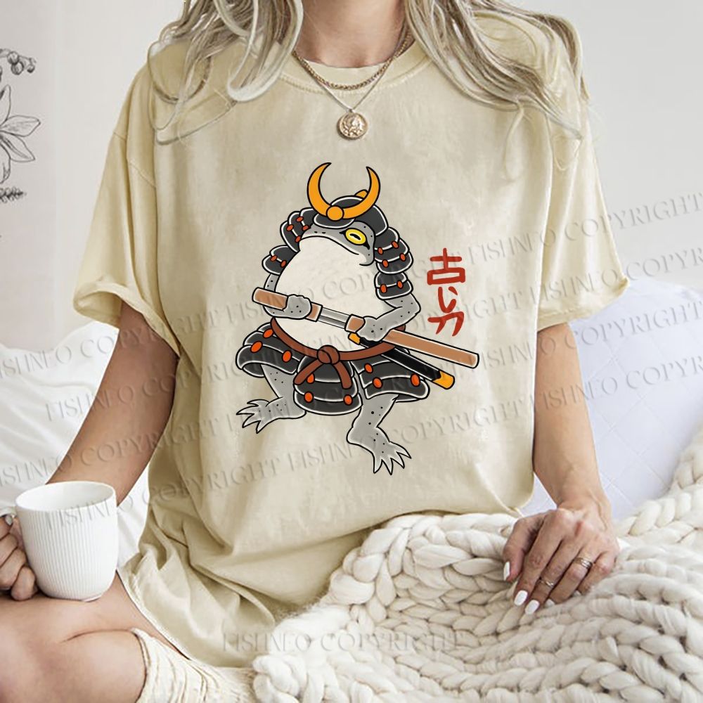 Unisex Japanese Frog Samurai Printed Washed Tee