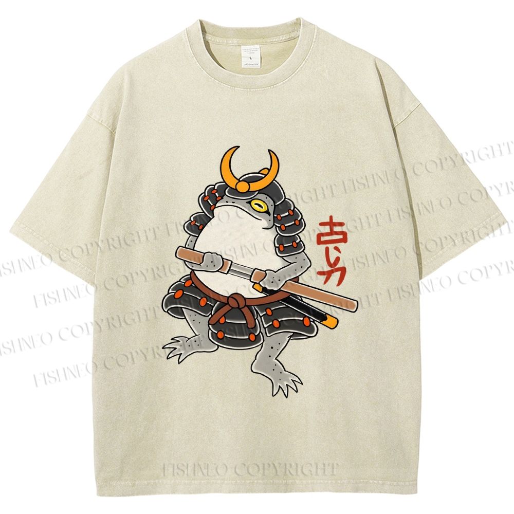 Unisex Japanese Frog Samurai Printed Washed Tee
