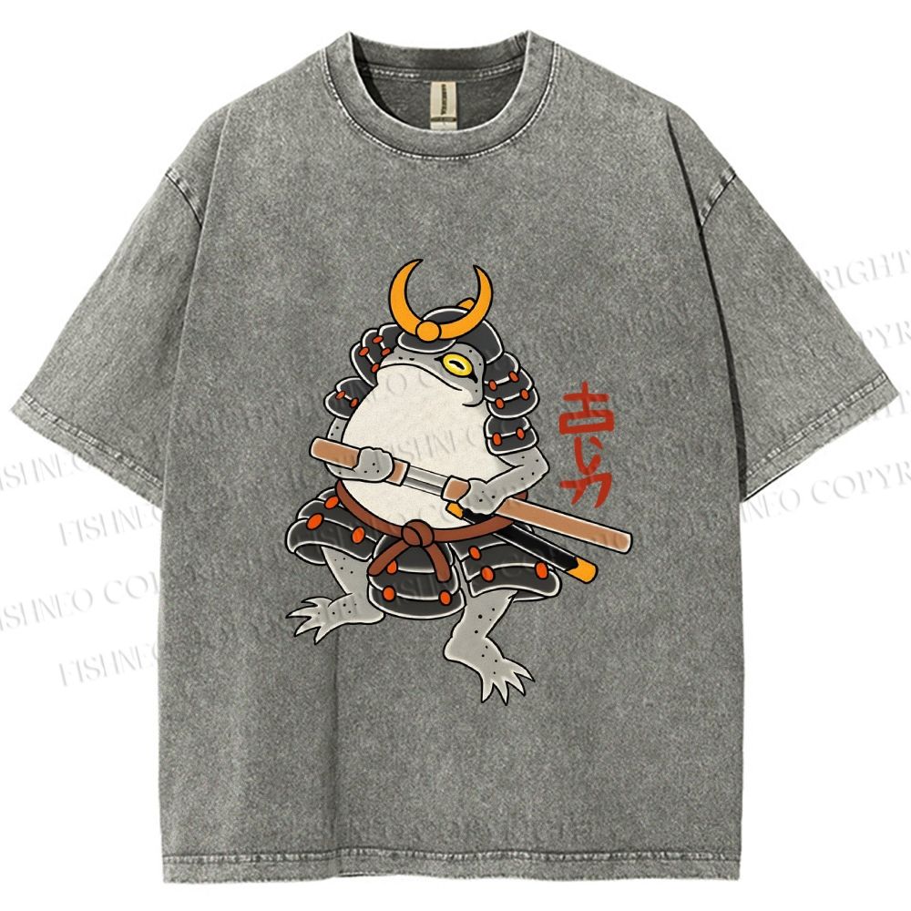 Unisex Japanese Frog Samurai Printed Washed Tee