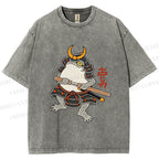 Unisex Japanese Frog Samurai Printed Washed Tee