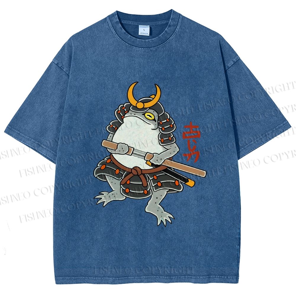Unisex Japanese Frog Samurai Printed Washed Tee