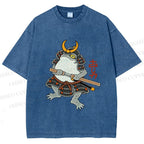 Unisex Japanese Frog Samurai Printed Washed Tee