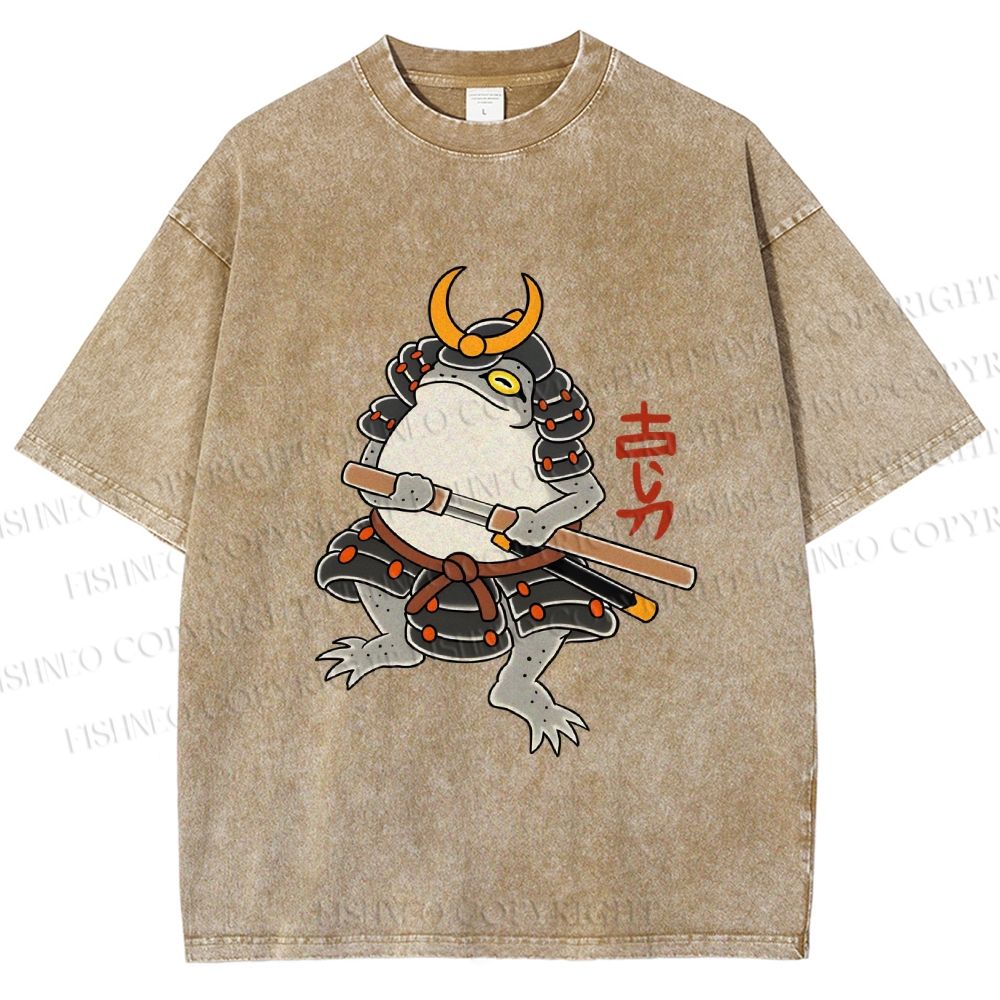 Unisex Japanese Frog Samurai Printed Washed Tee