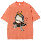 Unisex Japanese Frog Samurai Printed Washed Tee
