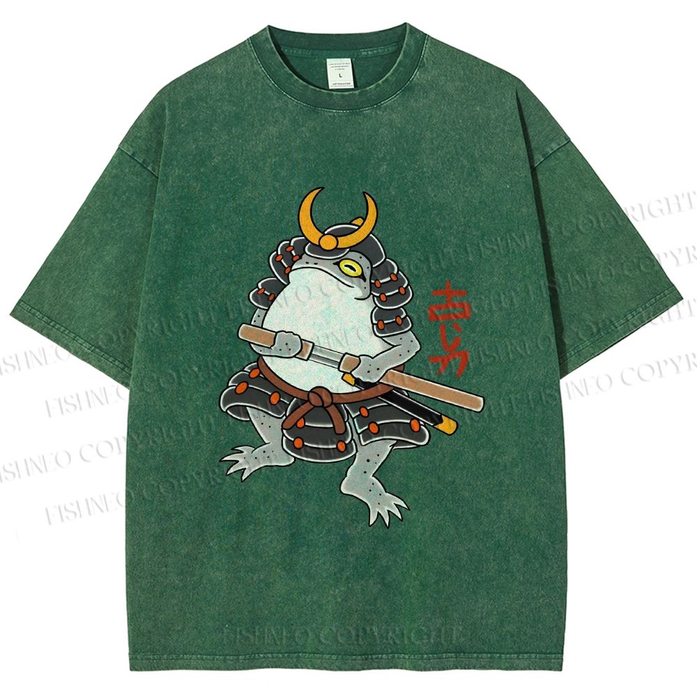 Unisex Japanese Frog Samurai Printed Washed Tee