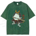 Unisex Japanese Frog Samurai Printed Washed Tee