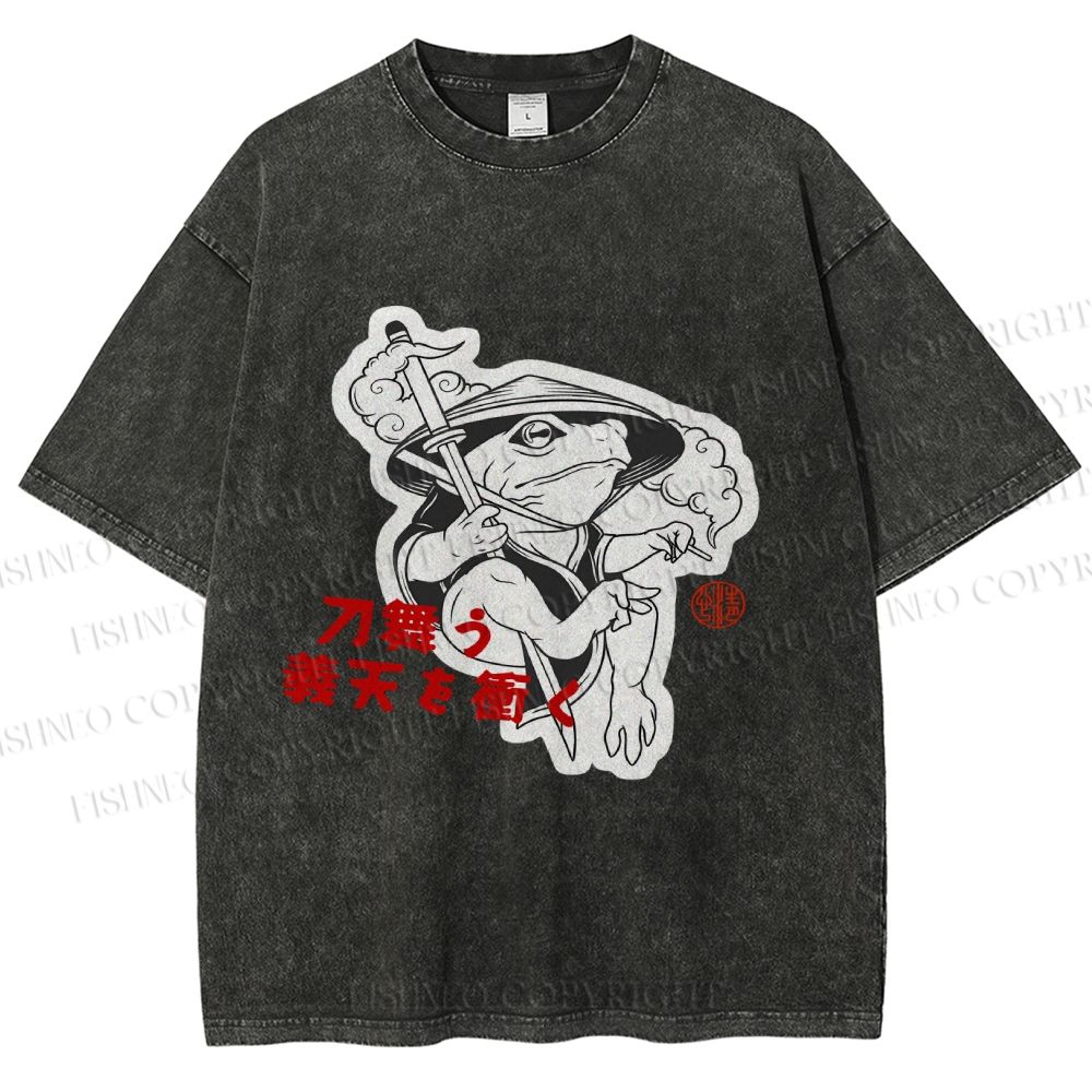 Unisex Japanese Vintage Frog Samurai Smoking Printed Washed Tee
