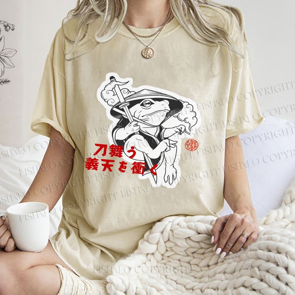 Unisex Japanese Vintage Frog Samurai Smoking Printed Washed Tee