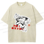 Unisex Japanese Vintage Frog Samurai Smoking Printed Washed Tee